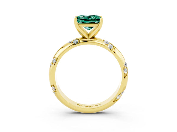 Yellow gold Princess Cut Green Sapphire Solitaire Engagement Ring with Twisted Round  Accent Band and Prong Setting