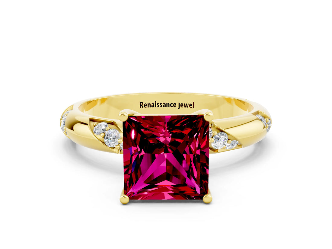Yellow gold Princess Cut Solitaire Diamond Engagement Ring with Twisted Pave Band and Four-Prong Setting