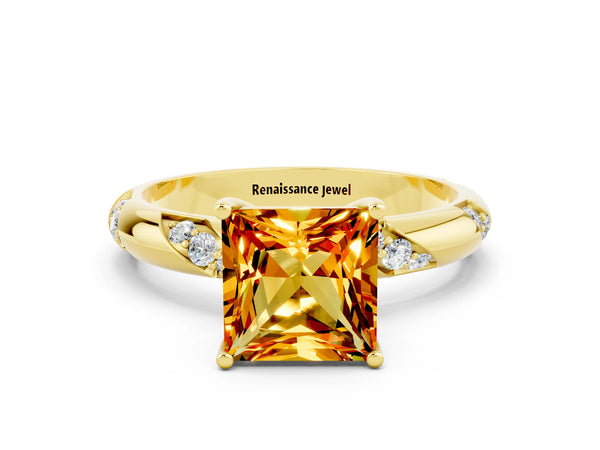 Yellow gold Princess Cut Citrine Solitaire Engagement Ring with Twisted Round  Accent Band and Prong Setting