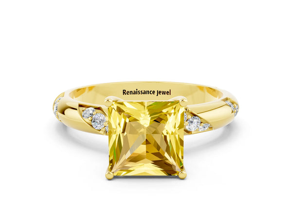 Yellow gold Princess Cut Yellow Sapphire Solitaire Engagement Ring with Twisted Round  Accent Band and Prong Setting