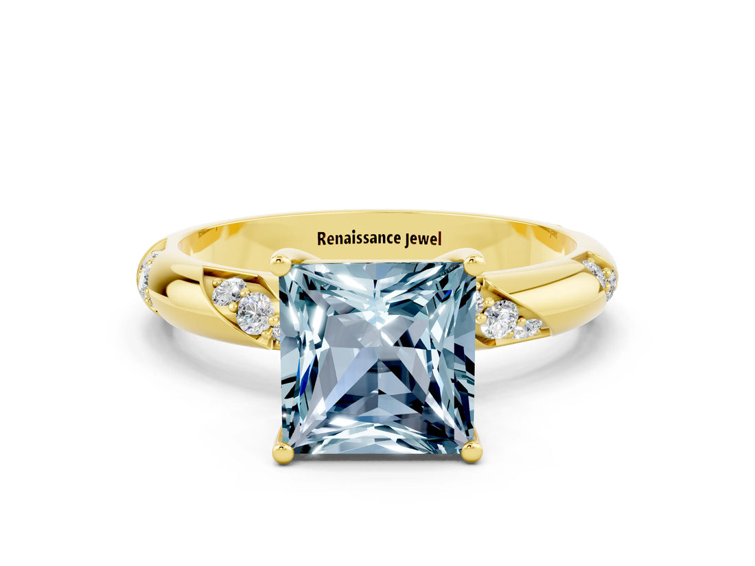 Yellow gold Princess Cut Solitaire Diamond Engagement Ring with Twisted Pave Band and Four-Prong Setting