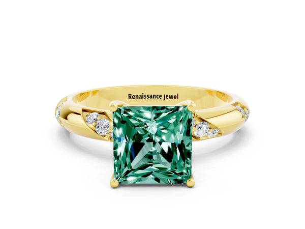 Yellow gold Princess Cut Green Sapphire Solitaire Engagement Ring with Twisted Round  Accent Band and Prong Setting