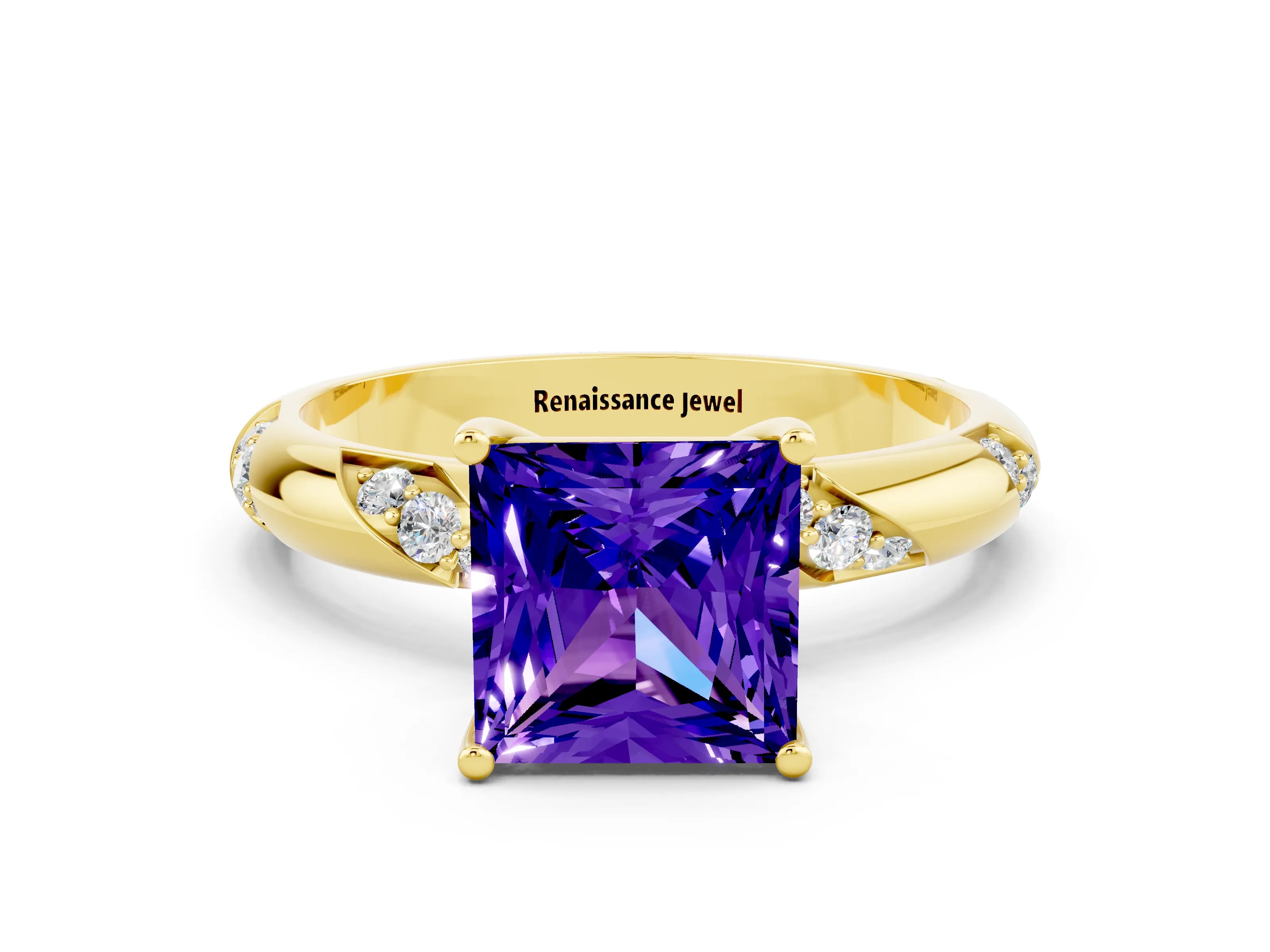 Yellow gold Princess Cut Solitaire Diamond Engagement Ring with Twisted Pave Band and Four-Prong Setting