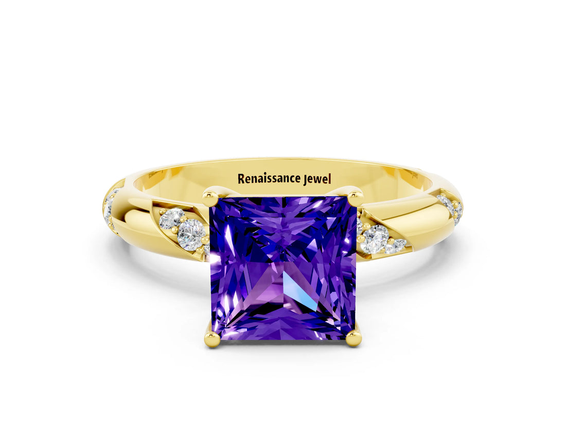 Yellow gold Princess Cut Solitaire Diamond Engagement Ring with Twisted Pave Band and Four-Prong Setting