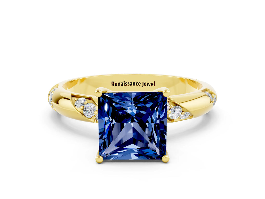 Yellow gold Princess Cut Solitaire Diamond Engagement Ring with Twisted Pave Band and Four-Prong Setting