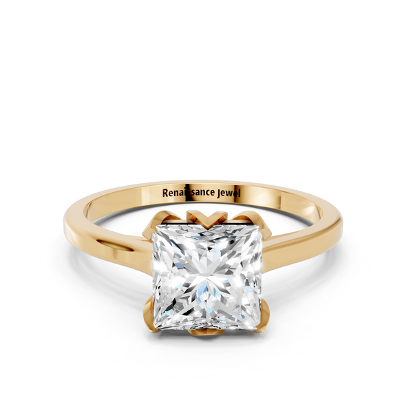 18K Yellow Gold 1.00 Carat D VS1 Princess Cut Solitaire Diamond Ring with Flower-Prong Setting and Classic Band
