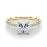 Yellow gold Princess Cut Solitaire Diamond Ring with Pave Band and Four-Prong Setting 1
