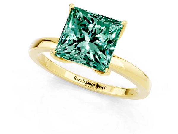 Yellow gold Princess Cut Green Sapphire Solitaire Ring with Thin Band and Prong Setting