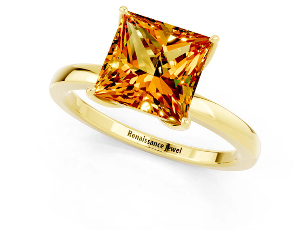 Yellow gold Princess Cut Citrine Solitaire Ring with Thin Band and Prong Setting