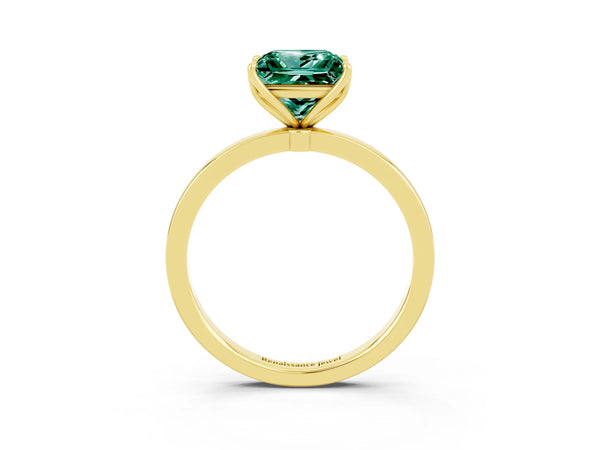 Yellow gold Princess Cut Green Sapphire Solitaire Ring with Thin Band and Prong Setting