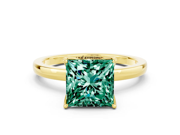 Yellow gold Princess Cut Green Sapphire Solitaire Ring with Thin Band and Prong Setting