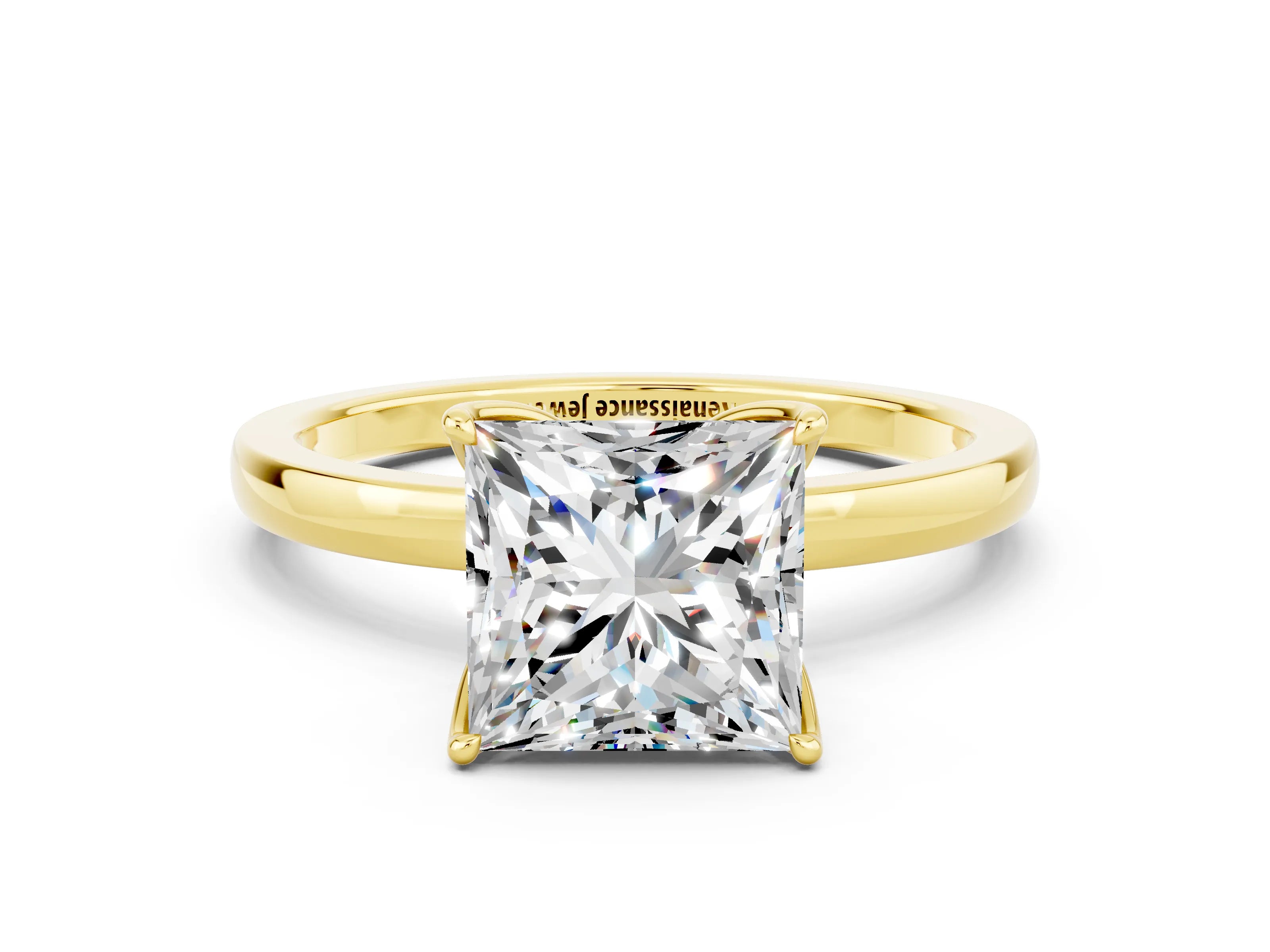 Yellow gold Princess Cut Solitaire Diamond Ring with Thin Band and Four-Prong Setting