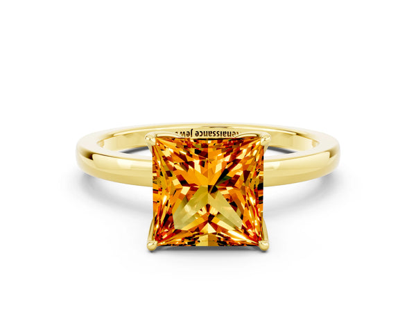 Yellow gold Princess Cut Citrine Solitaire Ring with Thin Band and Prong Setting