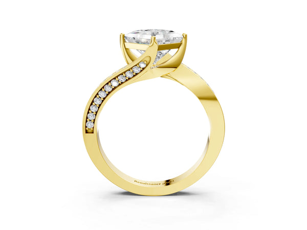 Yellow Gold Princess Cut Bypass Solitaire Engagement Ring Setting with Swirl Pave Band