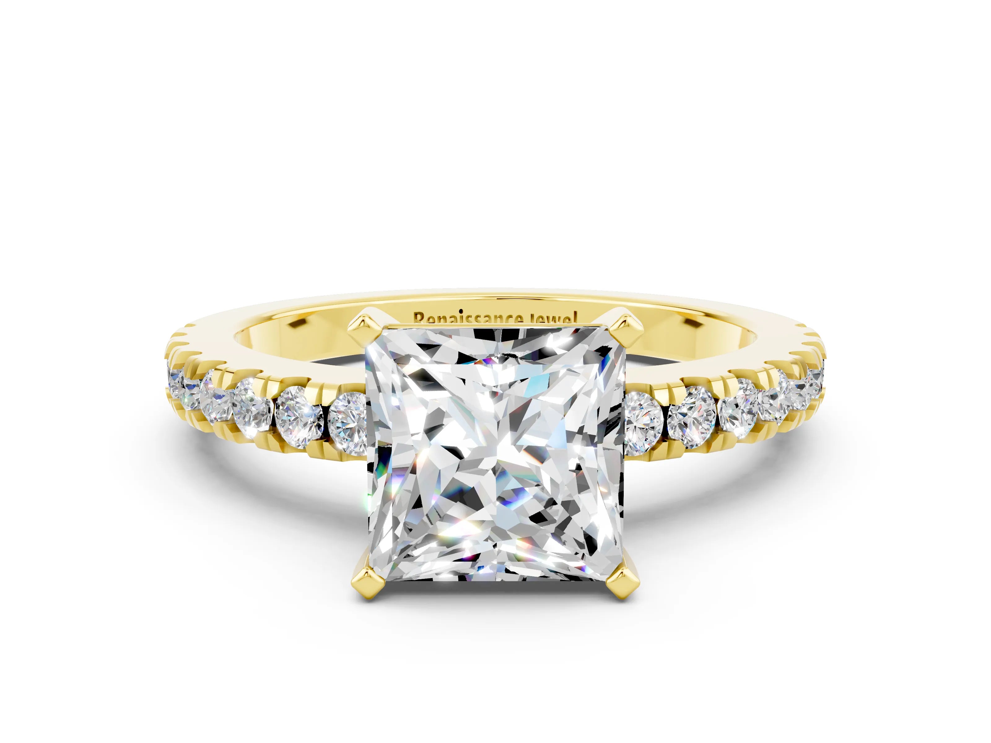 Yellow gold Princess Cut Solitaire Diamond with Pavé Band and Four-Prong Setting