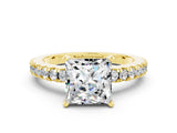 Yellow gold Princess Cut Solitaire Diamond with Pavé Band and Four-Prong Setting