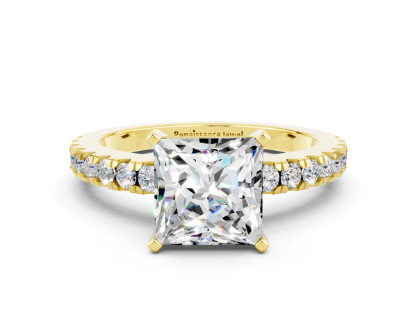 Yellow gold Princess Cut Solitaire Moissanite with Pavé Band and Four-Prong Setting