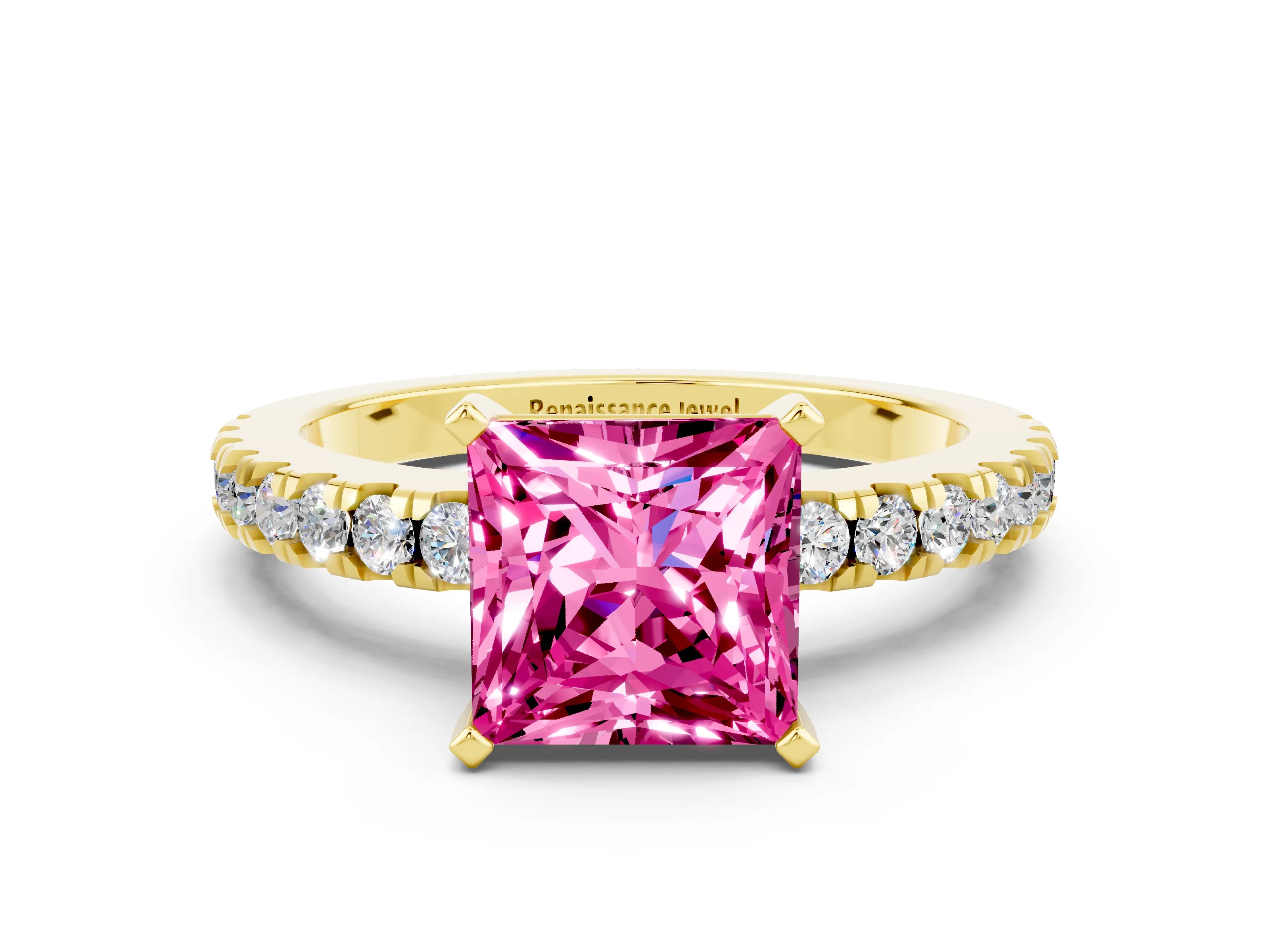 Yellow gold Princess Cut Solitaire Diamond with Pavé Band and Four-Prong Setting
