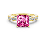 Yellow gold Princess Cut Solitaire Diamond with Pavé Band and Four-Prong Setting