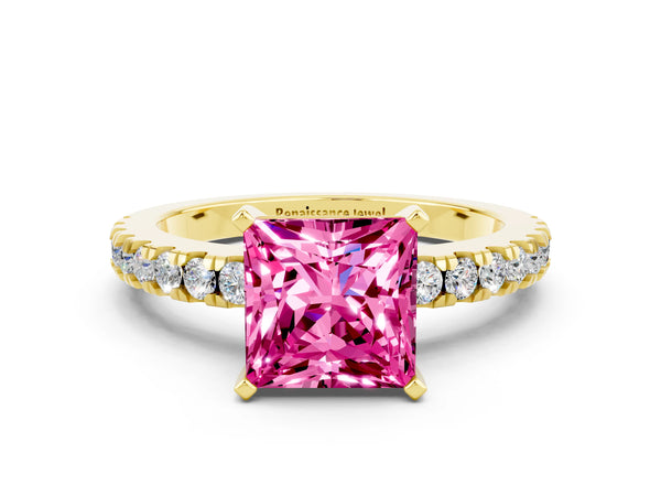 Yellow gold Princess Cut Solitaire Pink Sapphire with Pavé Band and Four-Prong Setting