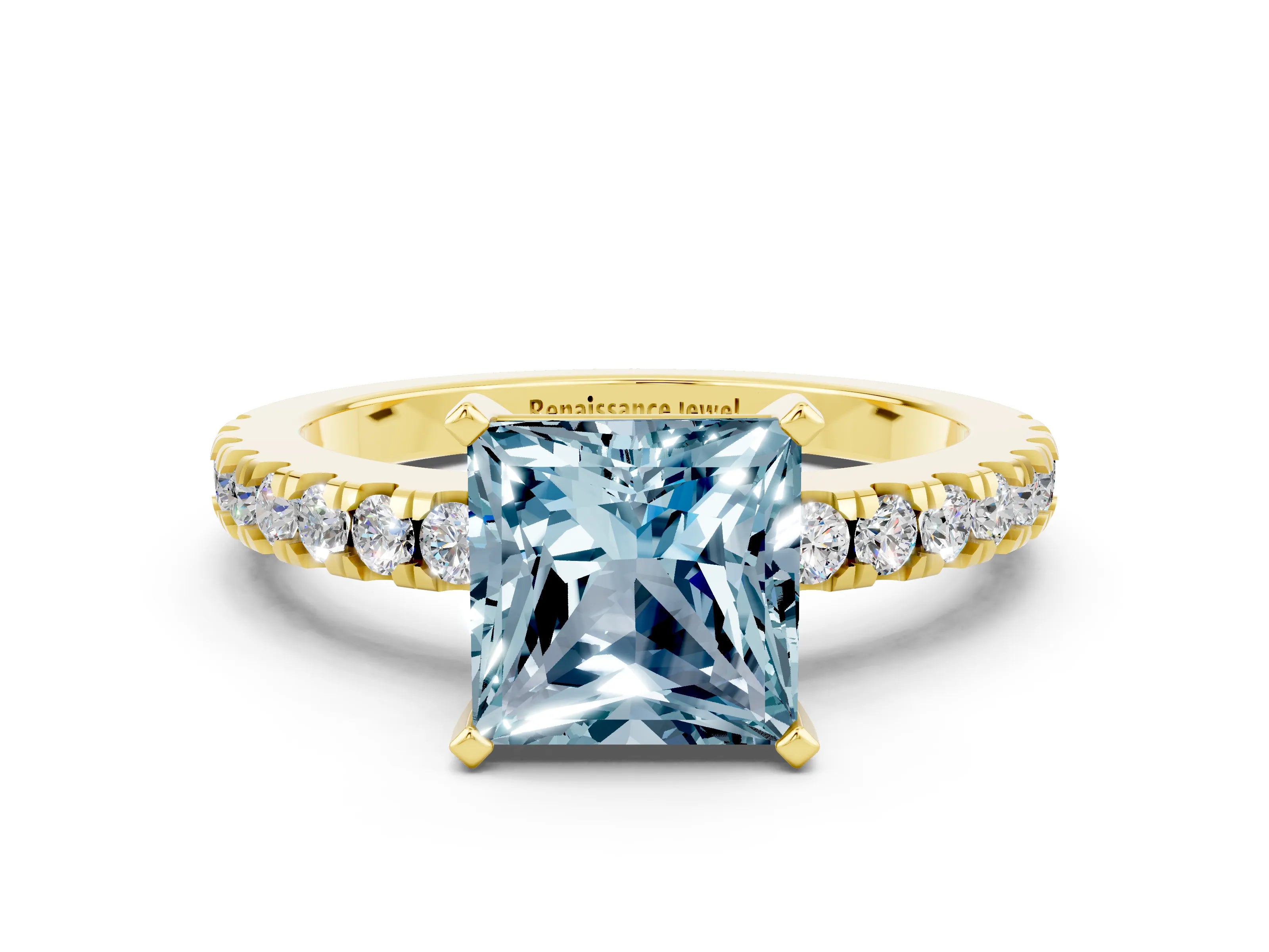 Yellow gold Princess Cut Solitaire Diamond with Pavé Band and Four-Prong Setting