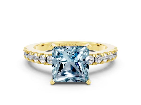 Yellow gold Princess Cut Solitaire Aquamarine with Pavé Band and Four-Prong Setting