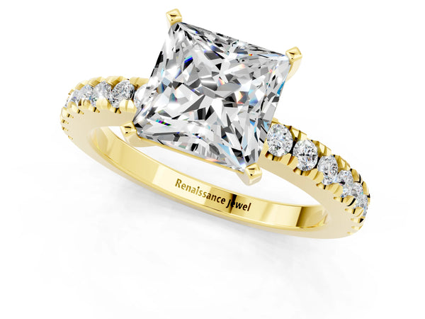 Yellow gold Princess Cut Solitaire Moissanite with Pavé Band and Four-Prong Setting