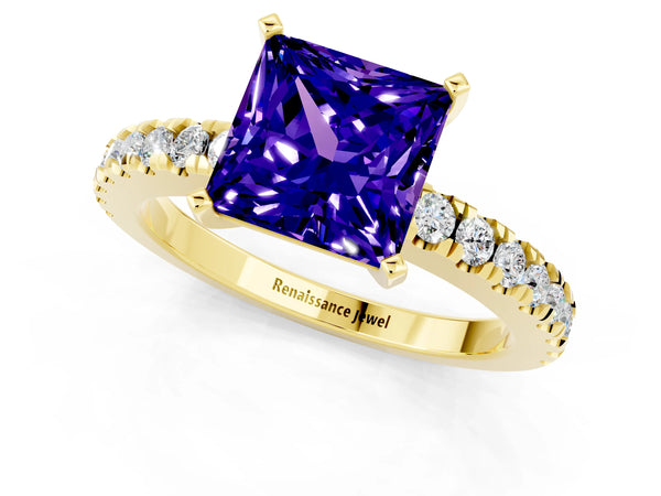 Yellow gold Princess Cut Solitaire Tanzanite with Pavé Band and Four-Prong Setting