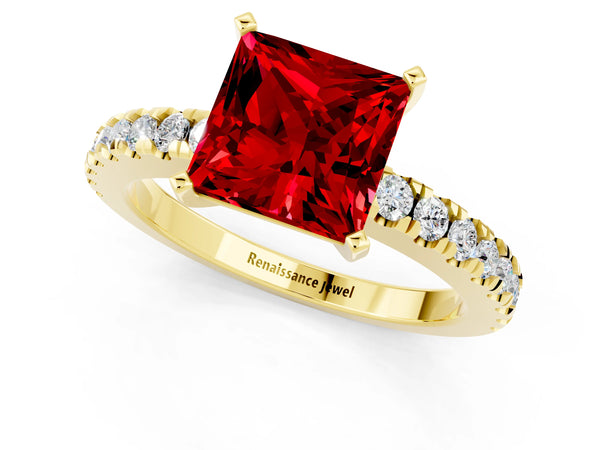 Yellow gold Princess Cut Solitaire Ruby with Pavé Band and Four-Prong Setting