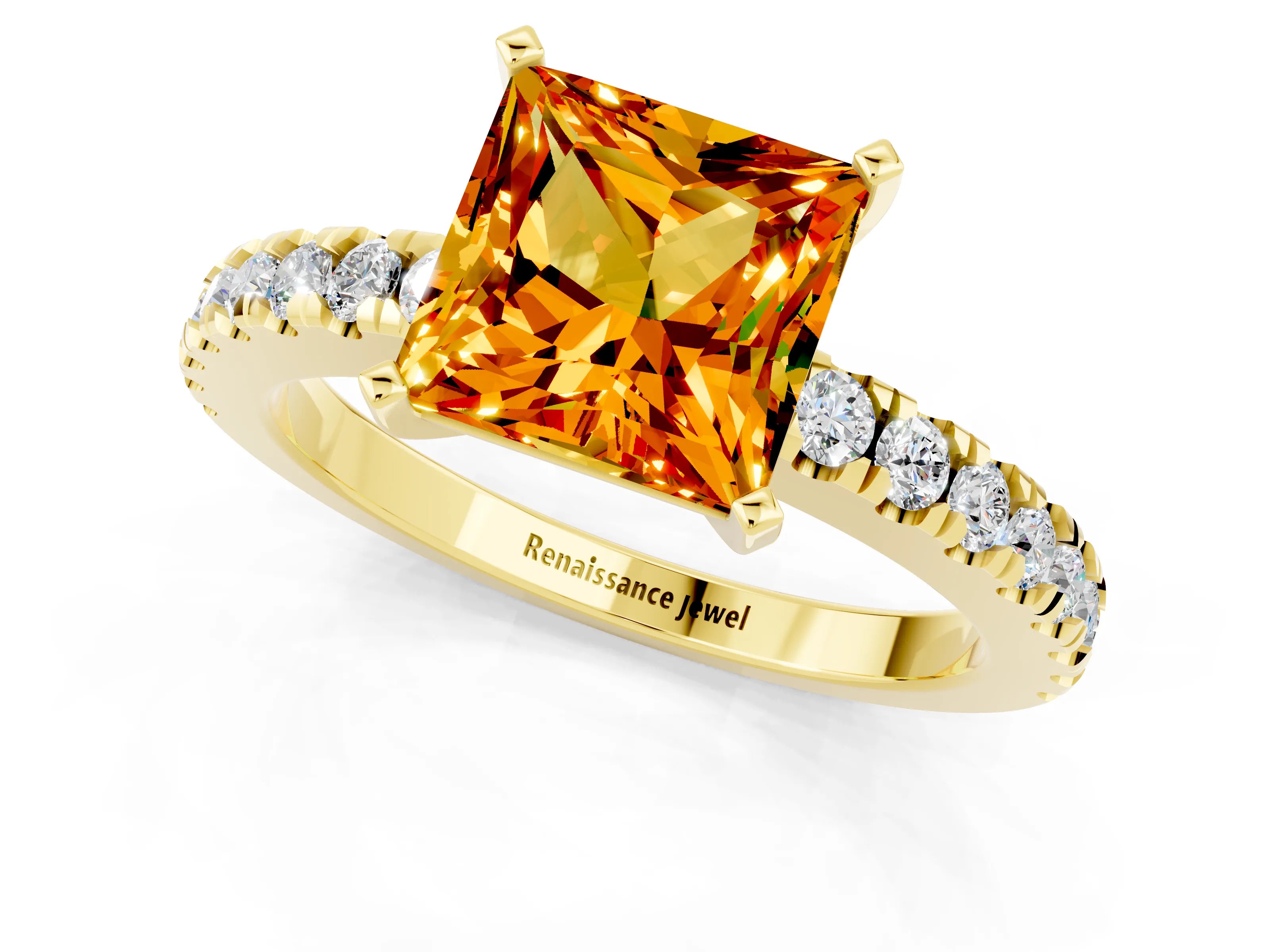 Yellow gold Princess Cut Solitaire Diamond with Pavé Band and Four-Prong Setting_1