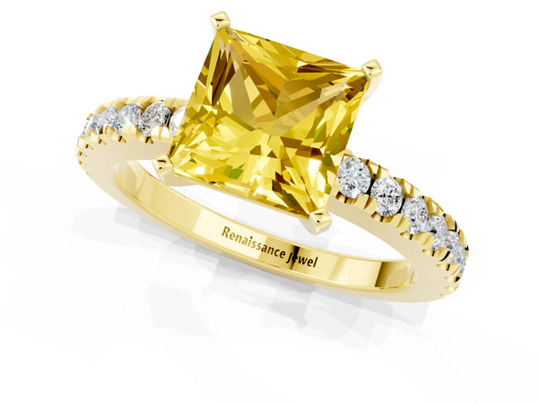 Yellow gold Princess Cut Solitaire Yellow Sapphire with Pavé Band and Four-Prong Setting