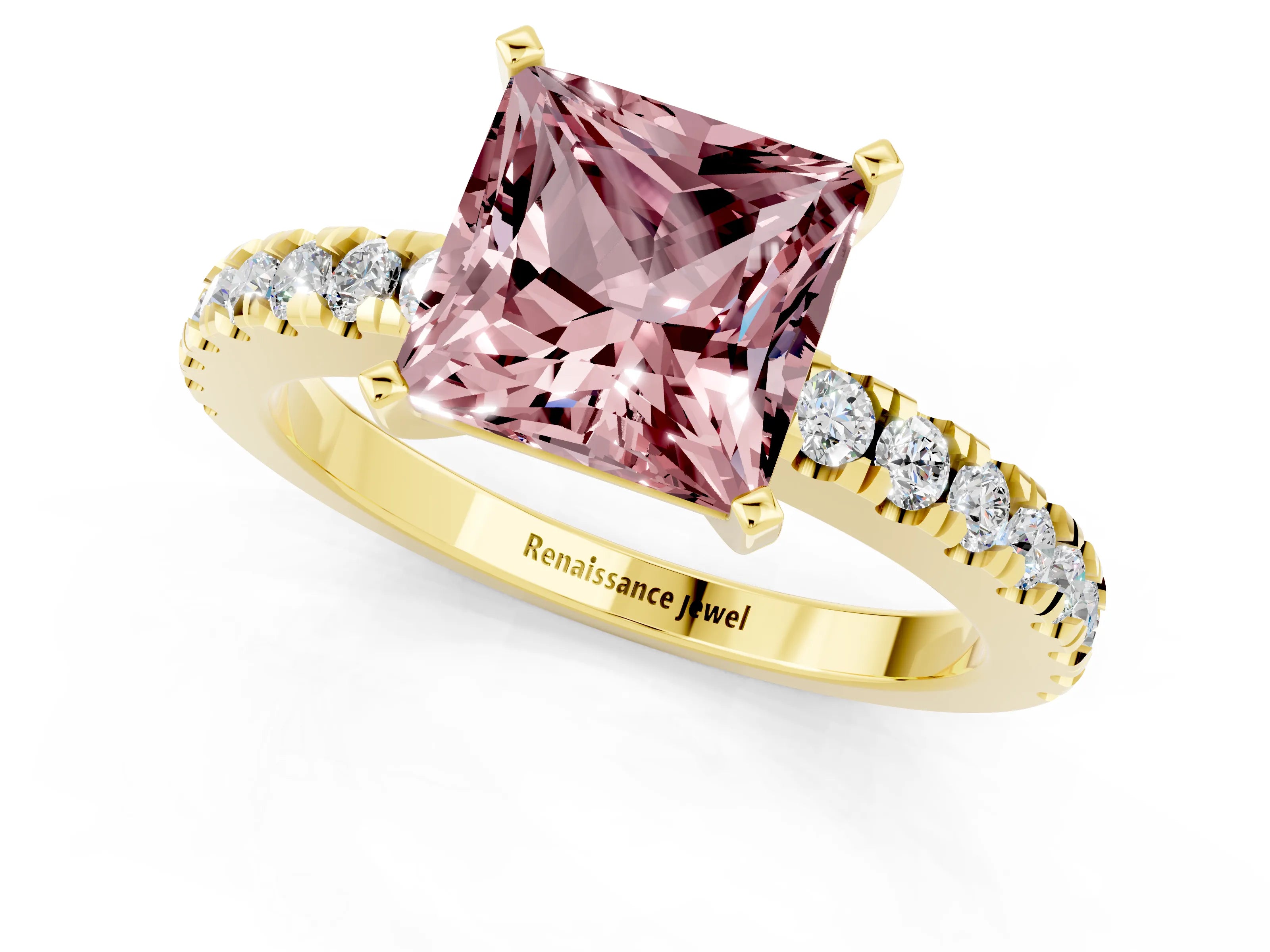 Yellow gold Princess Cut Solitaire Diamond with Pavé Band and Four-Prong Setting_1