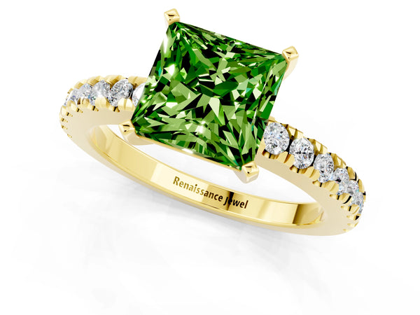 Yellow gold Princess Cut Solitaire Peridot with Pavé Band and Four-Prong Setting