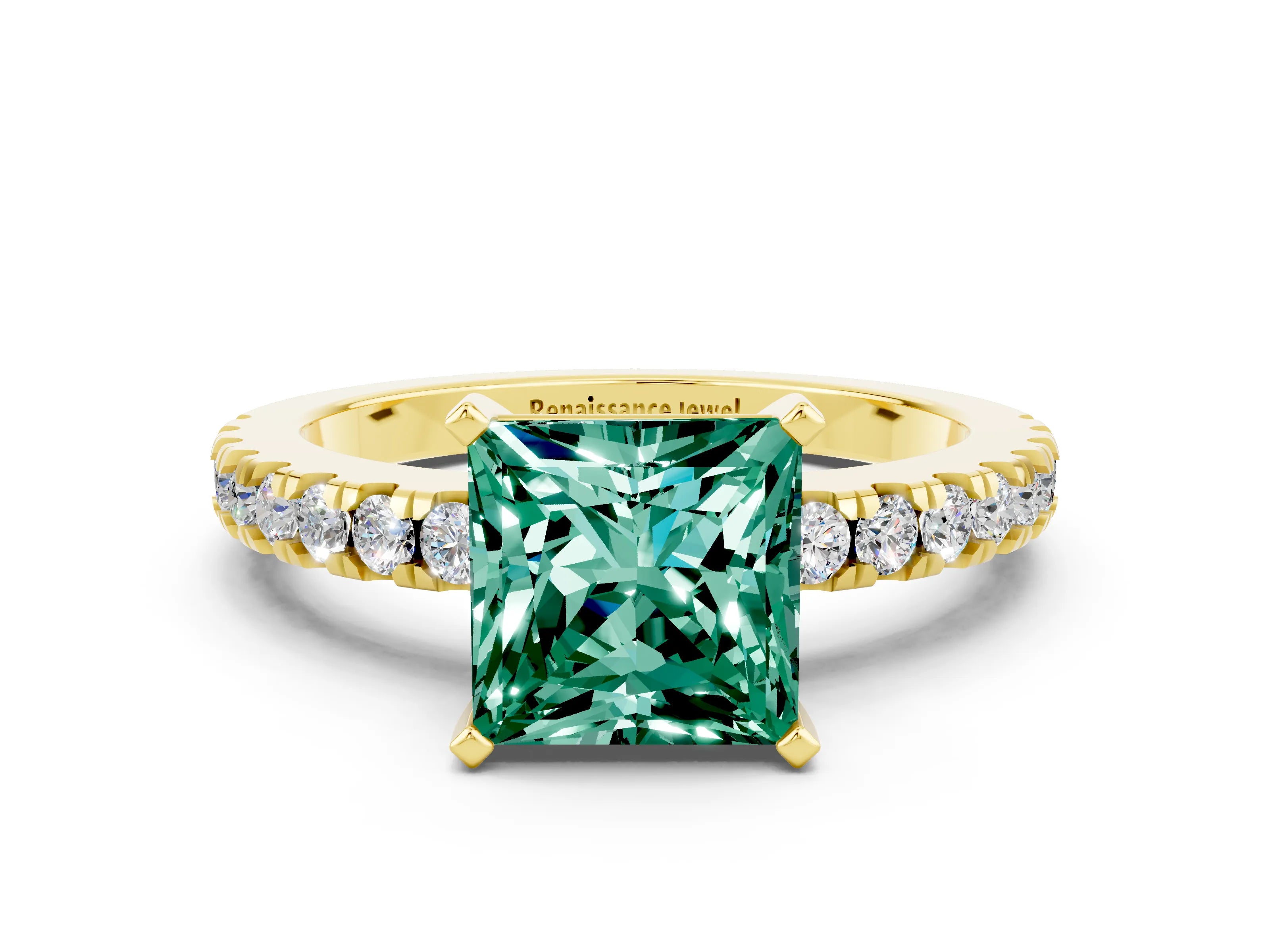 Yellow gold Princess Cut Solitaire Diamond with Pavé Band and Four-Prong Setting