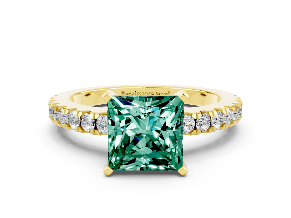Yellow gold Princess Cut Solitaire Diamond with Pavé Band and Four-Prong Setting
