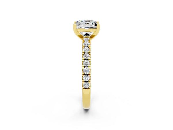 Yellow gold Princess Cut Solitaire Moissanite with Pavé Band and Four-Prong Setting