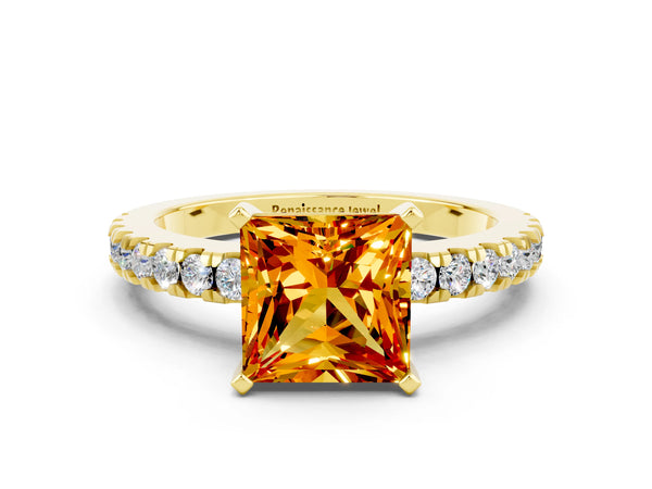 Yellow gold Princess Cut Solitaire Citrine with Pavé Band and Four-Prong Setting