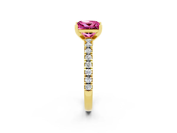 Yellow gold Princess Cut Solitaire Pink Sapphire with Pavé Band and Four-Prong Setting