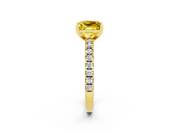 Yellow gold Princess Cut Solitaire Yellow Sapphire with Pavé Band and Four-Prong Setting