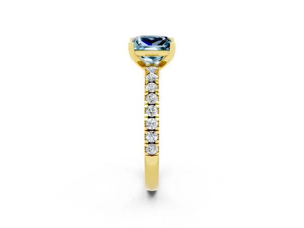 Yellow gold Princess Cut Solitaire Aquamarine with Pavé Band and Four-Prong Setting