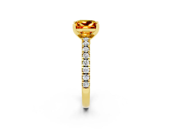 Yellow gold Princess Cut Solitaire Citrine with Pavé Band and Four-Prong Setting