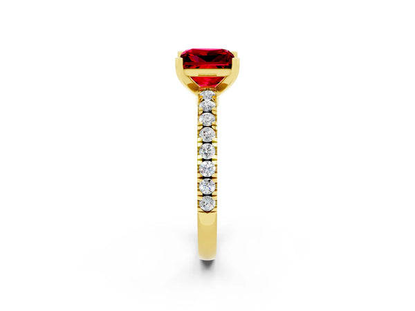 Yellow gold Princess Cut Solitaire Ruby with Pavé Band and Four-Prong Setting