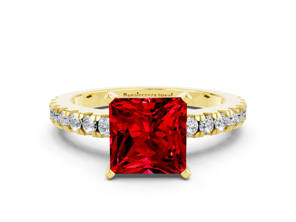 Yellow gold Princess Cut Solitaire Ruby with Pavé Band and Four-Prong Setting