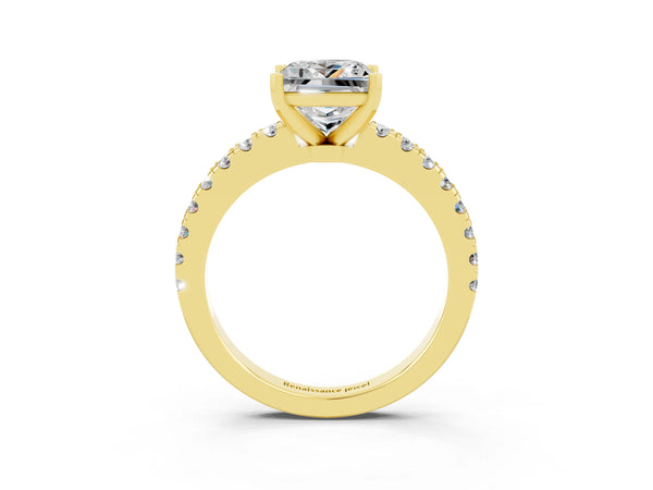 Yellow gold Princess Cut Solitaire Moissanite with Pavé Band and Four-Prong Setting