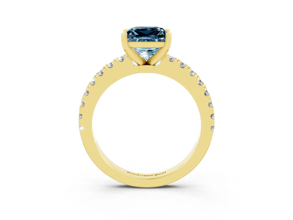 Yellow gold Princess Cut Solitaire Aquamarine with Pavé Band and Four-Prong Setting