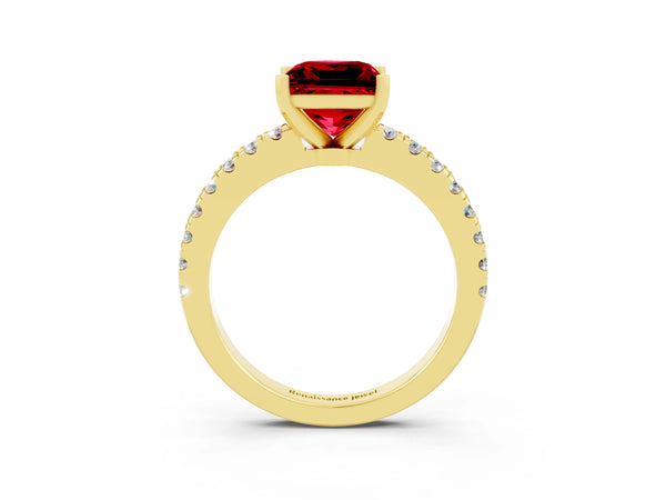 Yellow gold Princess Cut Solitaire Ruby with Pavé Band and Four-Prong Setting