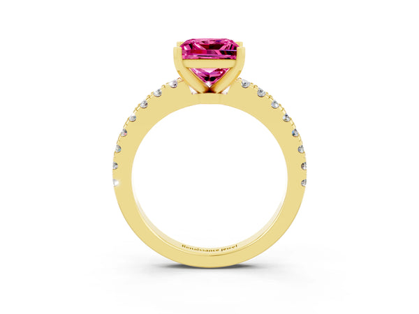 Yellow gold Princess Cut Solitaire Pink Sapphire with Pavé Band and Four-Prong Setting