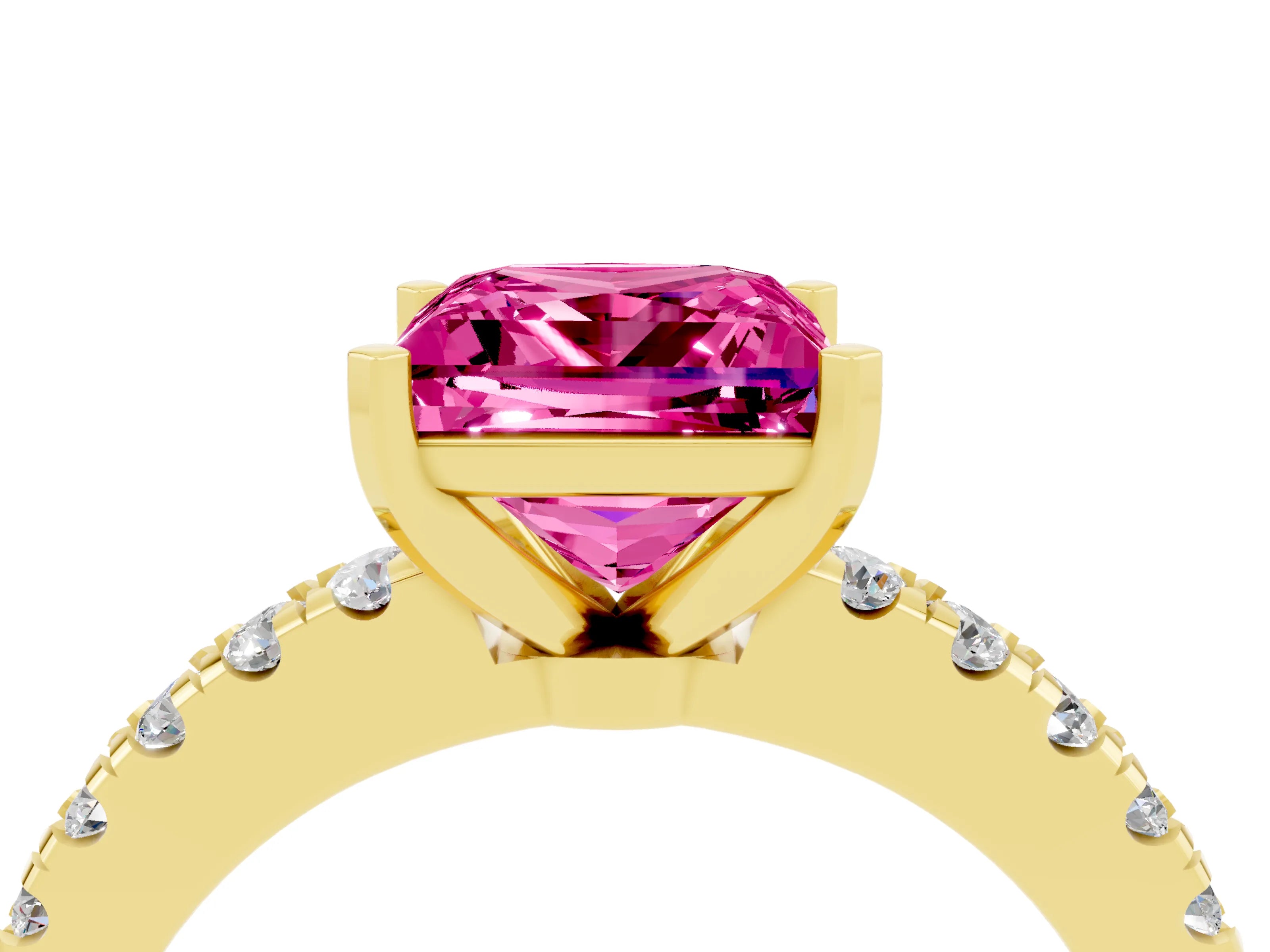Yellow gold Princess Cut Solitaire Diamond with Pavé Band and Four-Prong Setting_4
