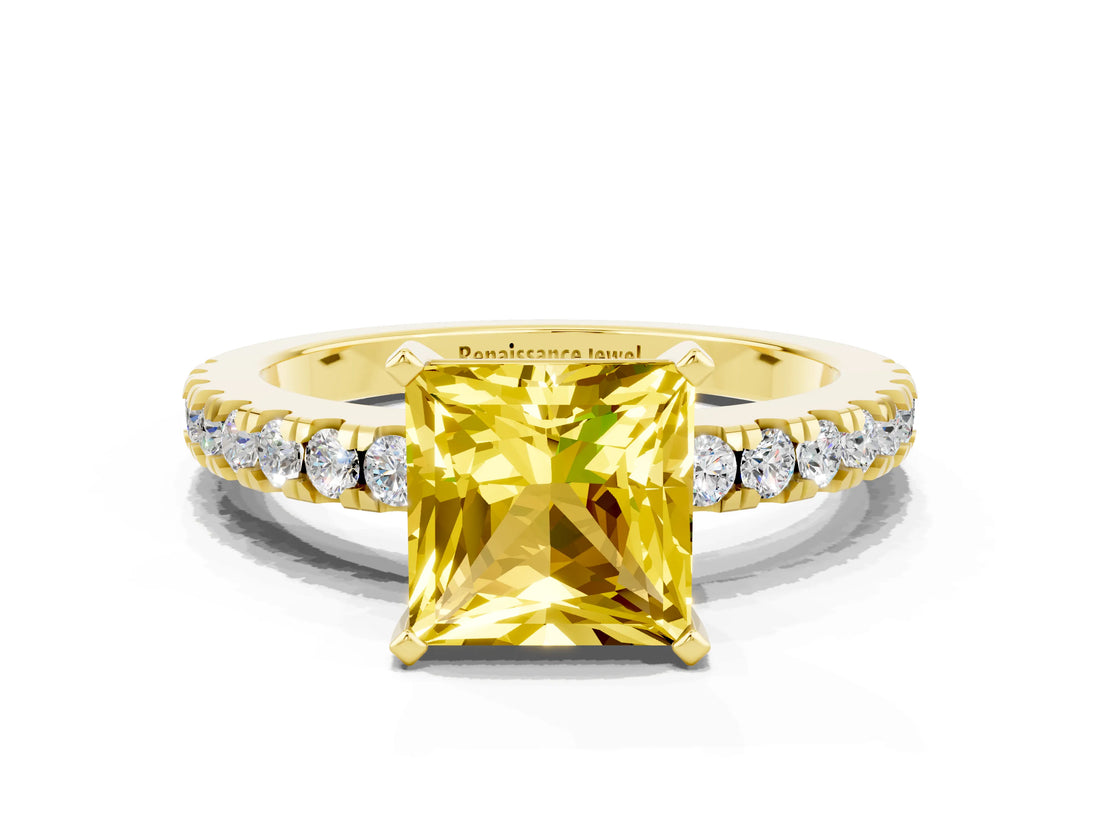 Yellow gold Princess Cut Solitaire Diamond with Pavé Band and Four-Prong Setting