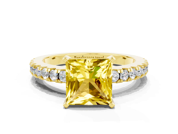 Yellow gold Princess Cut Solitaire Yellow Sapphire with Pavé Band and Four-Prong Setting